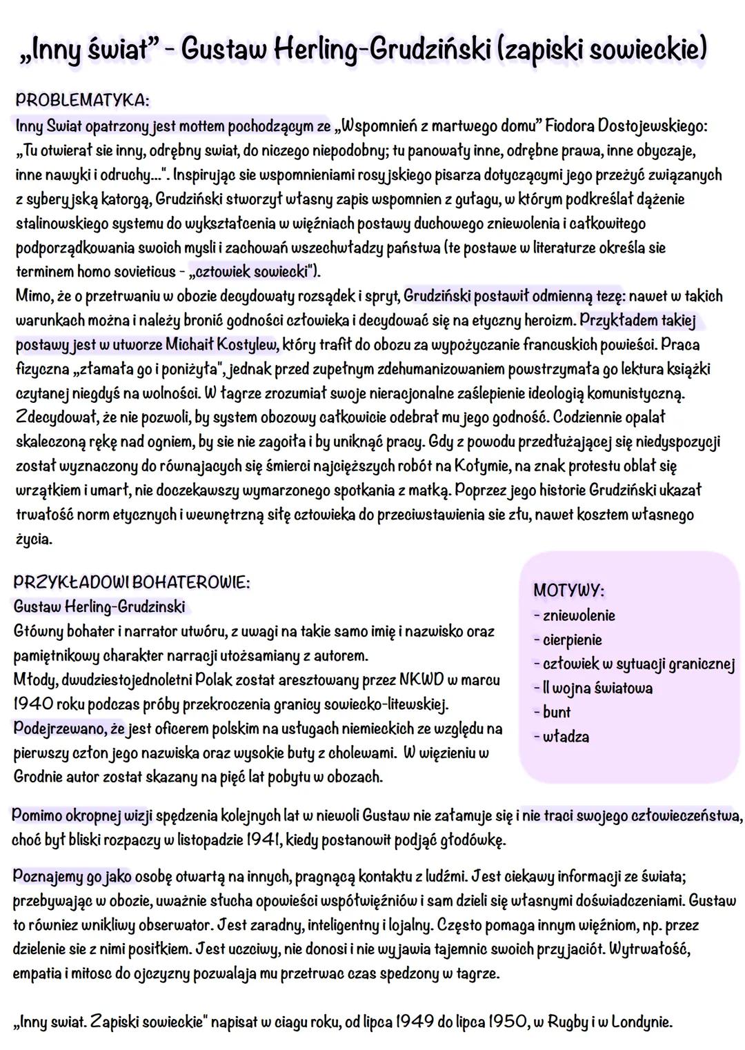 # „Inny świat" - Gustaw Herling-Grudziński (zapiski sowieckie)
PROBLEMATУКА:
Inny Swiat opatrzony jest mottem pochodzącym ze „Wspomnień z