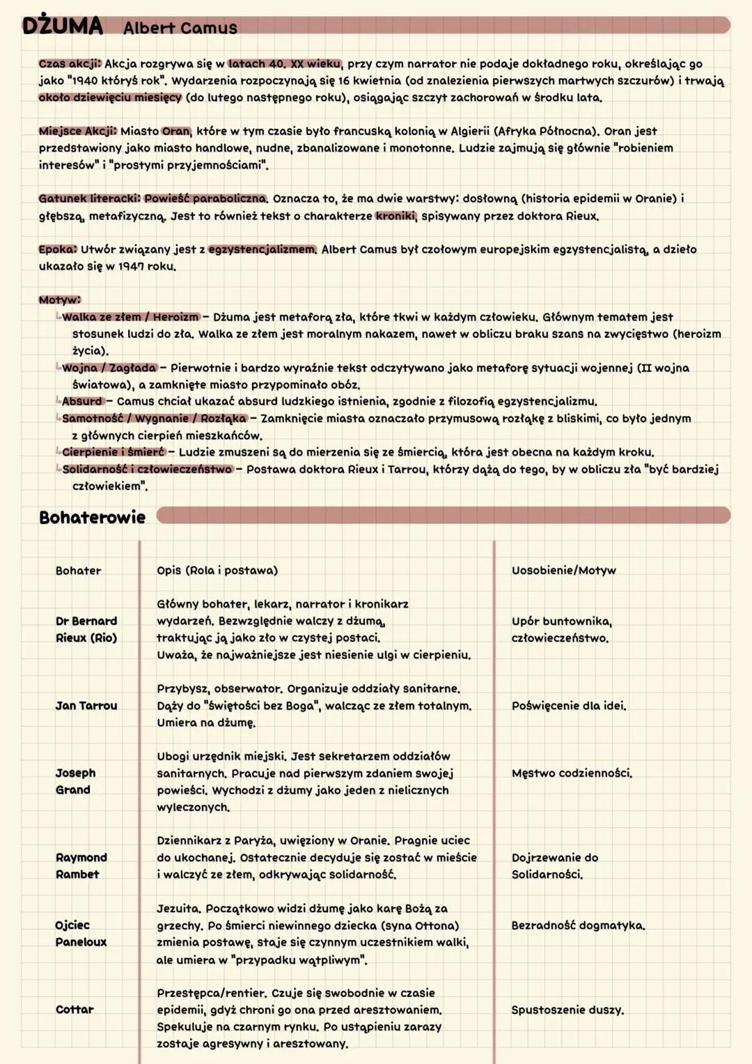 # DŽUMA Albert Camus
Czas akcji: Akcja rozgrywa się w latach 40, XX wieku, przy czym narrator nie podaje dokładnego roku, określając go
jak