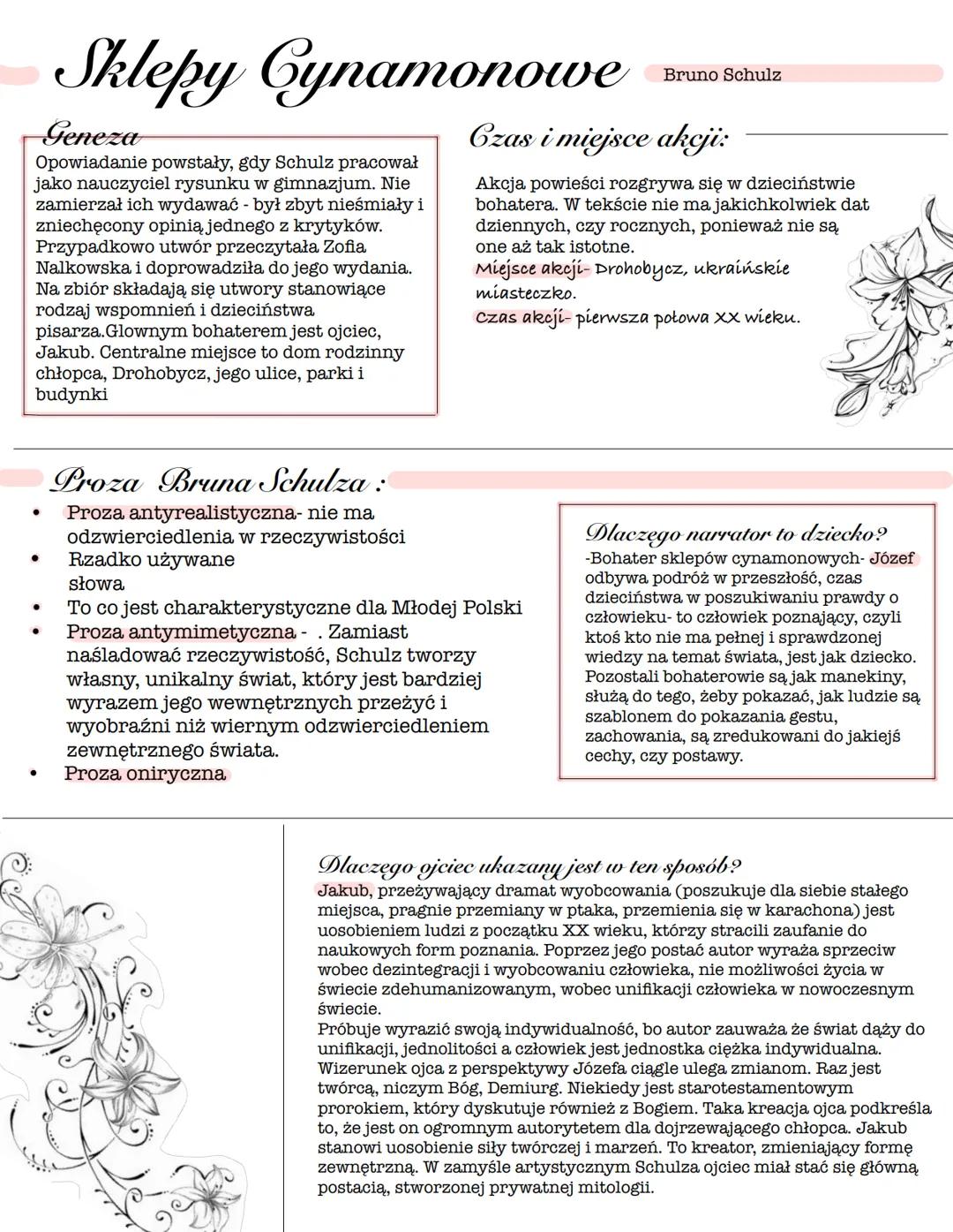 # Sklepy Cynamonowe Bruno Schulz
## Geneza
Opowiadanie powstały, gdy Schulz pracował
jako nauczyciel rysunku w gimnazjum. Nie
zamierzał ic