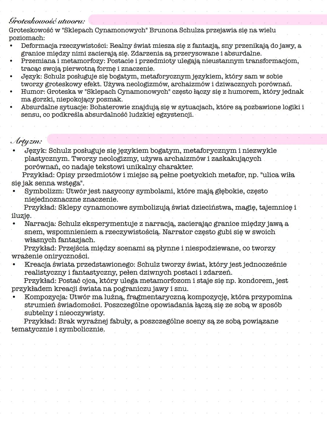 # Sklepy Cynamonowe Bruno Schulz
## Geneza
Opowiadanie powstały, gdy Schulz pracował
jako nauczyciel rysunku w gimnazjum. Nie
zamierzał ic
