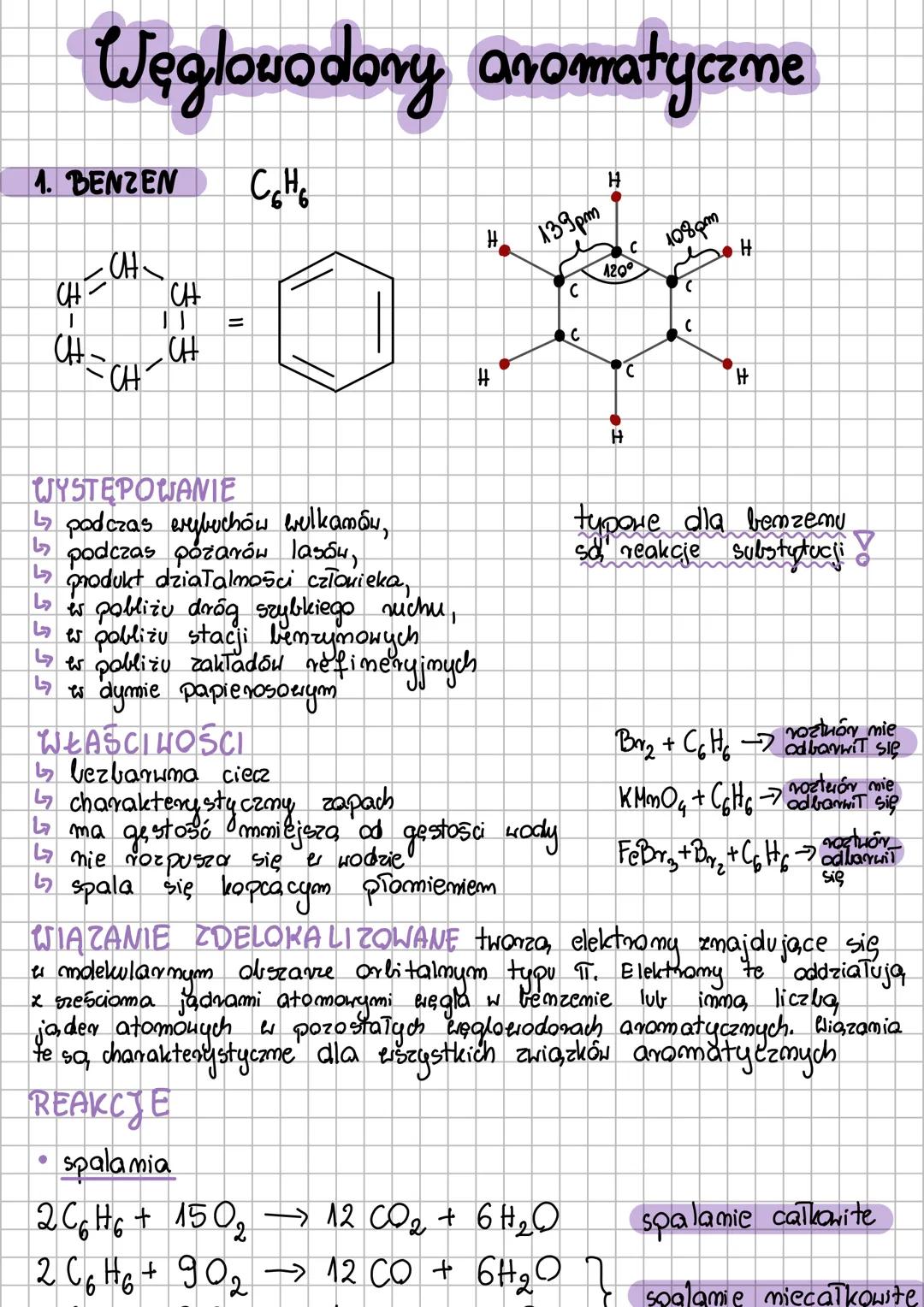 # Węglowodory aromatyczne
4. BENZEN $C_6H_6$
CH
H
CH=CH-
H 139pm
CH
C
120°
108pm
H
C
C
=
CH=CH
CH
C
C
H
C
H
WYSTĘPOWANIE
↳ podczas erybu