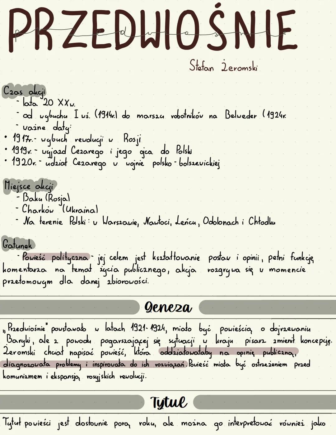 # PRZEDWIOŚNIE
Stefan Żeromski
Czas akcji
- lata 20 XX.
- od wybuchu I ws. (1914) do marszu vobotników na Belweder (1924r.
vażne dały
•