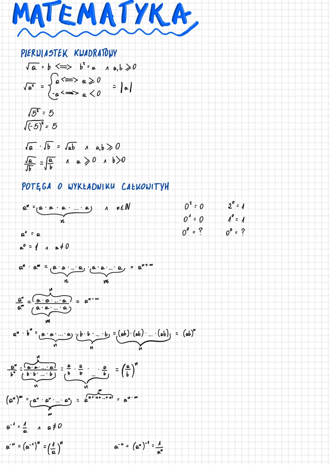 # MATEMATYKA
PIERWIASTEK KWADRATOWY
$\sqrt{a} = b <=> b^2 = a \land a,b \geq 0$
$\sqrt{a^2} = \begin{cases} a <=> a \geq 0 \\ -a <=> a <