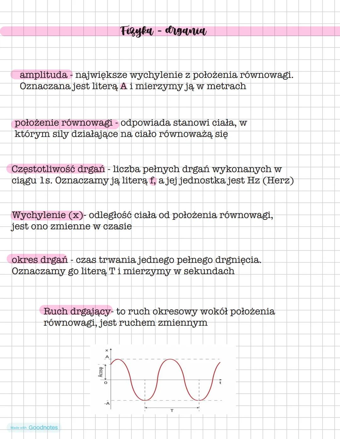 Fizyka - drgania
amplituda - największe wychylenie z położenia równowagi.
Oznaczana jest literą, A i mierzymy ją w metrach
położenie równo