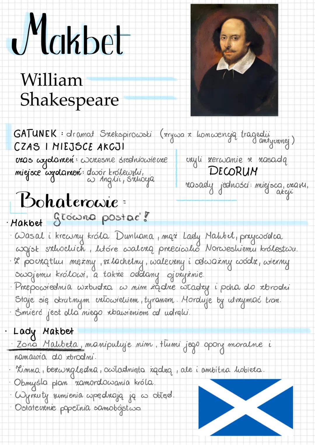 # Makbet
William
Shakespeare
大
GATUNEK: dramat Szekspirowsti (xrywa z konwencją tragedi
CZAS I MIEJSCE AKCJI
czas wydarzeń: wczesne sredni