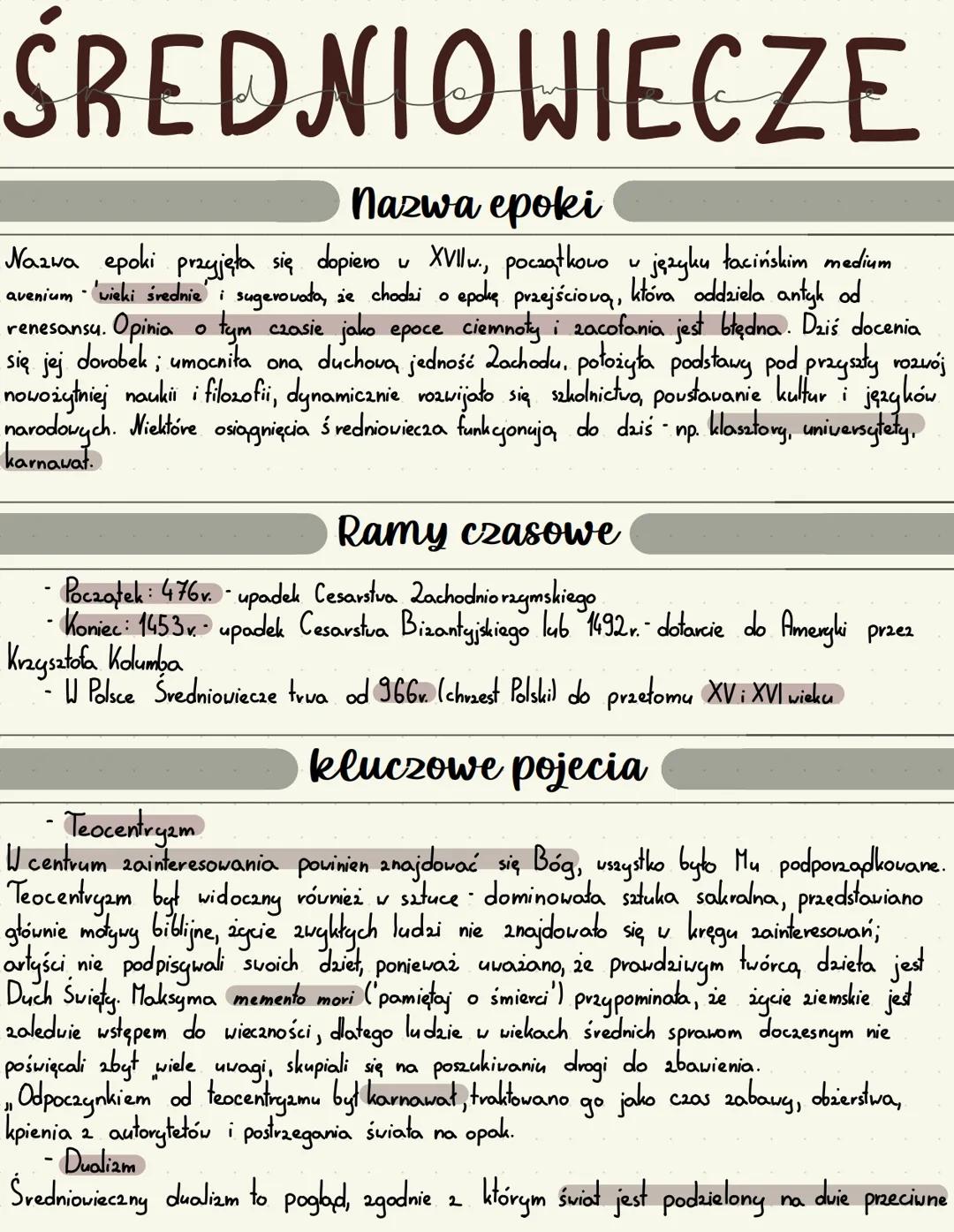 # ŚREDNIOWIECZE
## Nazwa epoki
Nazwa epoki przyjęła się dopiero u XVIlw., początkowo u języku łacińskim medium
avenium wieki średnie i sug