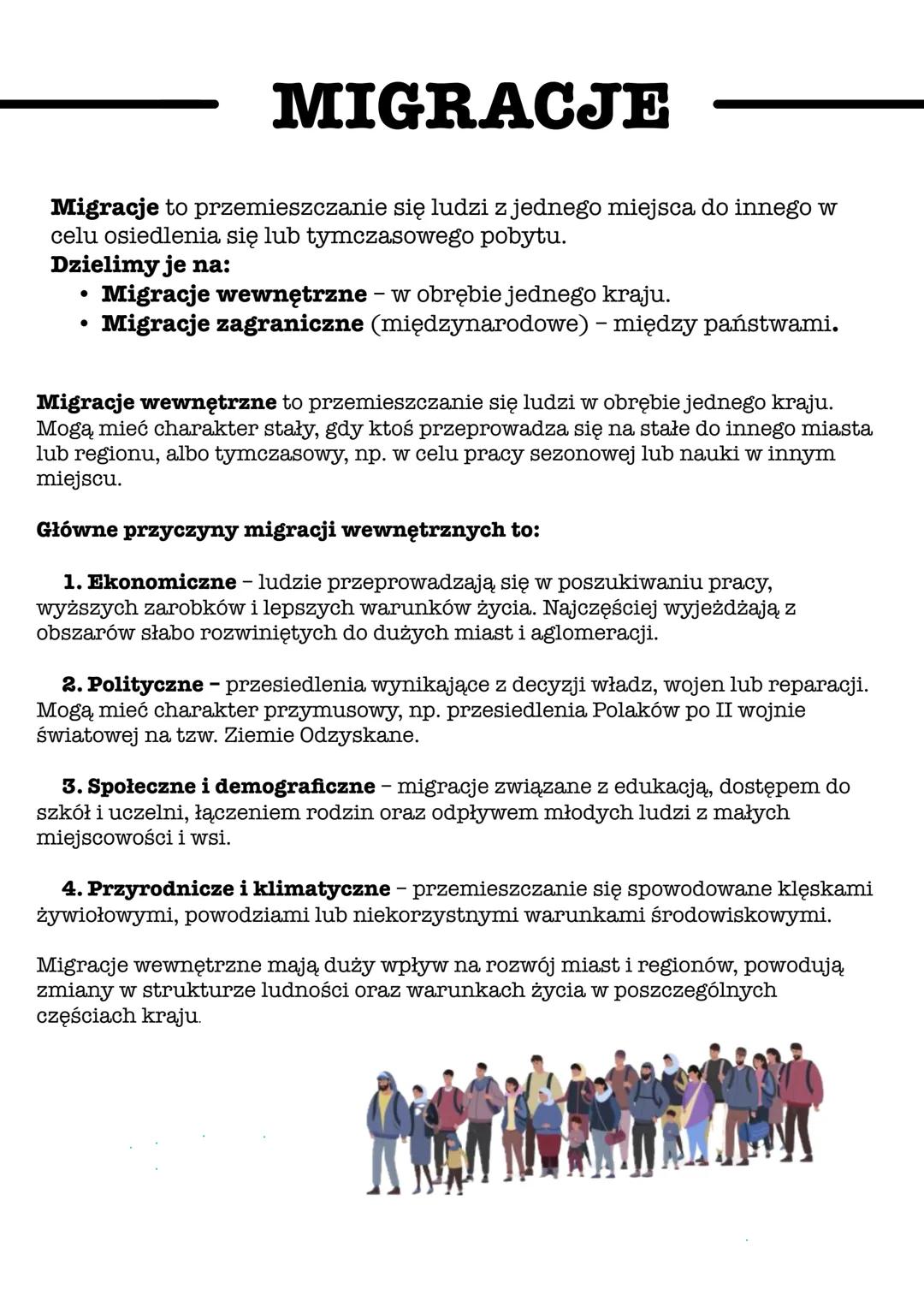 # MIGRACJE
Migracje to przemieszczanie się ludzi z jednego miejsca do innego w
celu osiedlenia się lub tymczasowego pobytu.
Dzielimy je na: