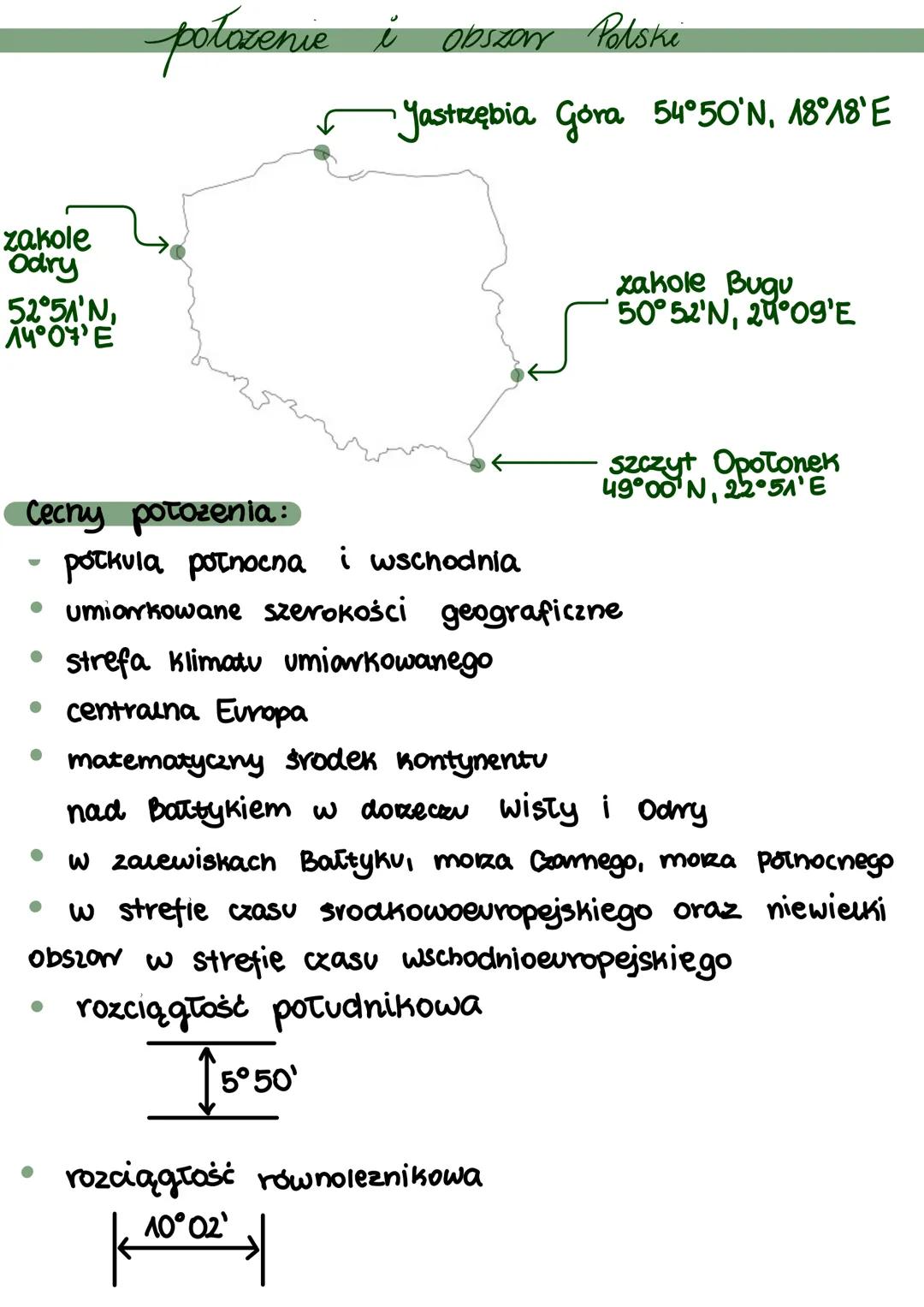 # polozenie i obszar Polski
zakole
Odry
52°51'N,
14°07'E
Jastrzębia Góra 54°50′N, 18°18′E
zakole Bugu
50°52′N, 2°09'E
Szczyt Opołonek
49