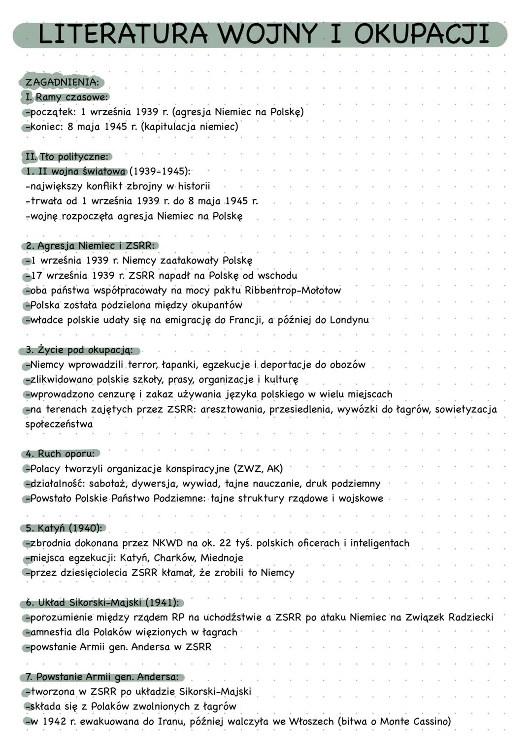 # LITERATURA WOJNY I OKUPACJI
ZAGADNIENΙΑ:
I. Ramy czasowe:
-początek: 1 września 1939 r. (agresja Niemiec na Polskę)
-koniec: 8 maja 1945