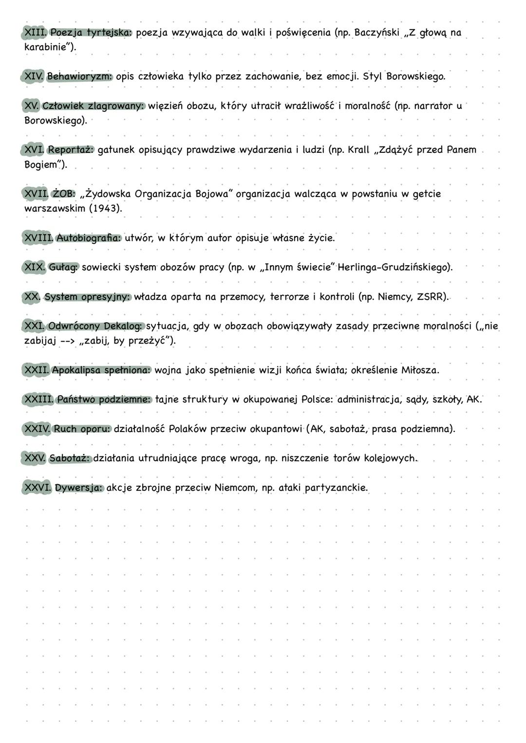 # LITERATURA WOJNY I OKUPACJI
ZAGADNIENΙΑ:
I. Ramy czasowe:
-początek: 1 września 1939 r. (agresja Niemiec na Polskę)
-koniec: 8 maja 1945