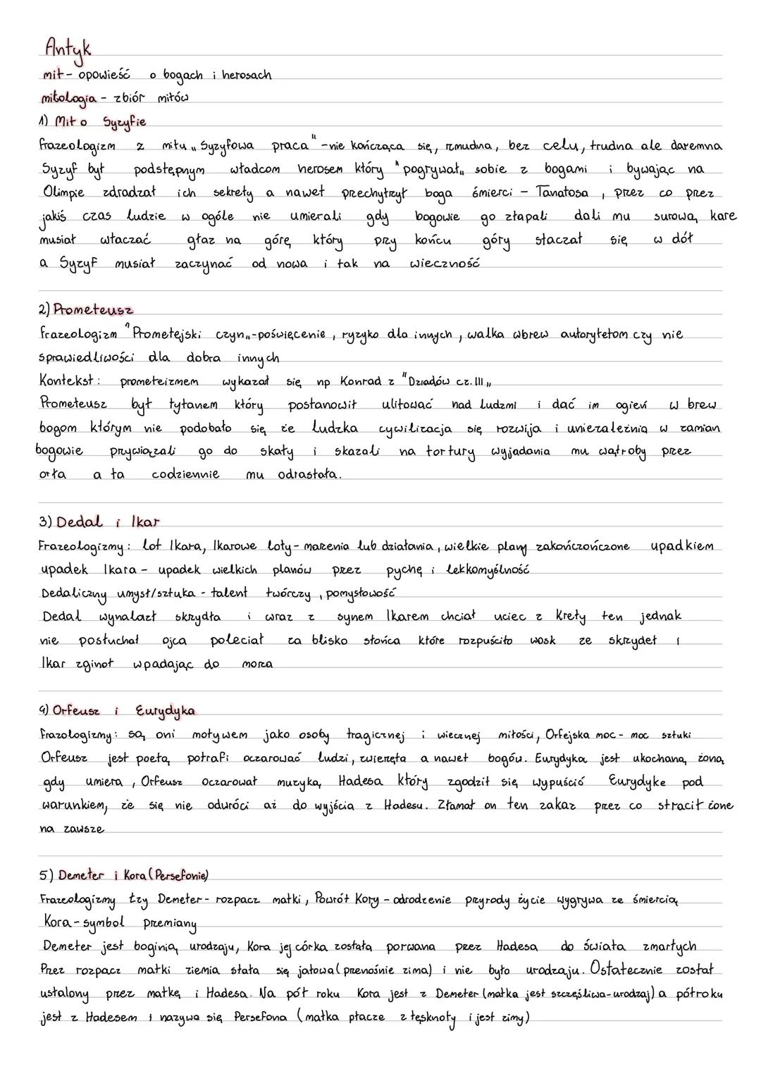 Antyk
mit- opowieść o bogach i herosach
mitologia zbiór mitów
1) Mit o Sycyfie
frazeologizm z mitu "Syzyfowa praca" -nie kończąca się, r