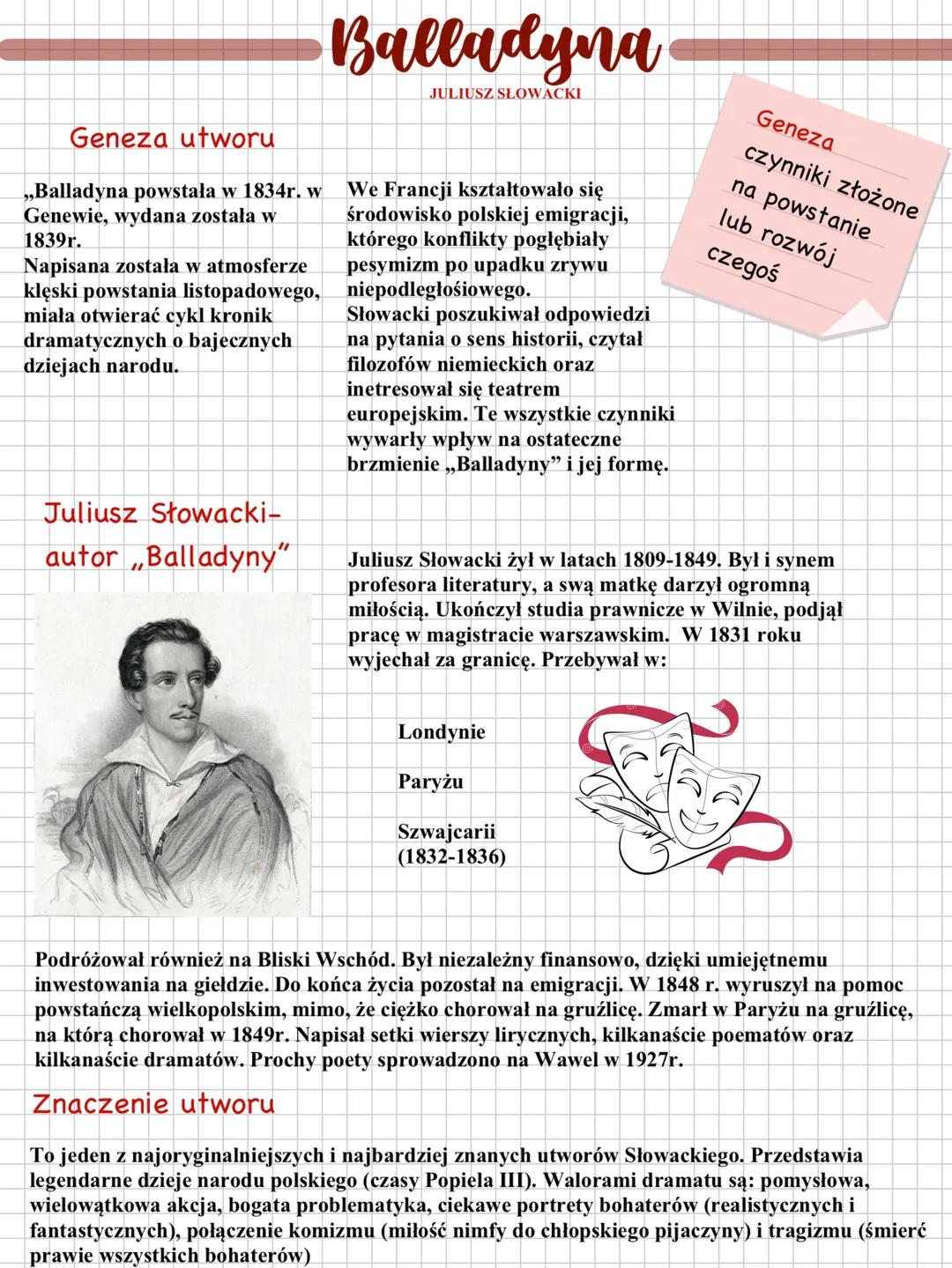 # Balladyna
JULIUSZ SŁOWACKI
Geneza utworu
„Balladyna powstała w 1834r. w
Genewie, wydana została w
1839r.
Napisana została w atmosferze
k