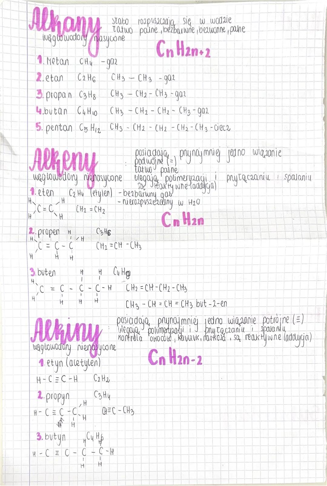 # Alhany
stato rozpuszczają się w wodzie
tatwo paine, bezbarwne, bezwonne, palne
węglowodory nasycone
1. Metan $CHu$-gaz
$CnH2n+2$
2.eta