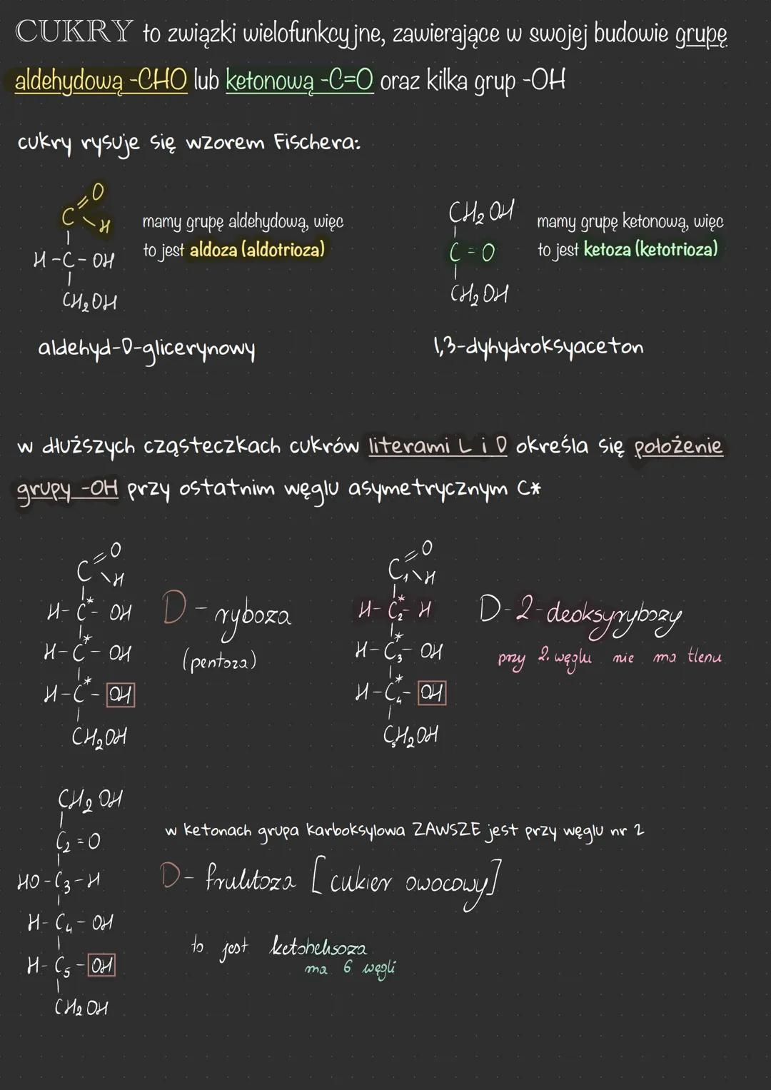 # CUKRY
1) dokonuje podziału cukrów na proste i złożone, klasyfikuje cukry proste ze
względu na grupę funkcyjną i liczbę atomów węgla w czą