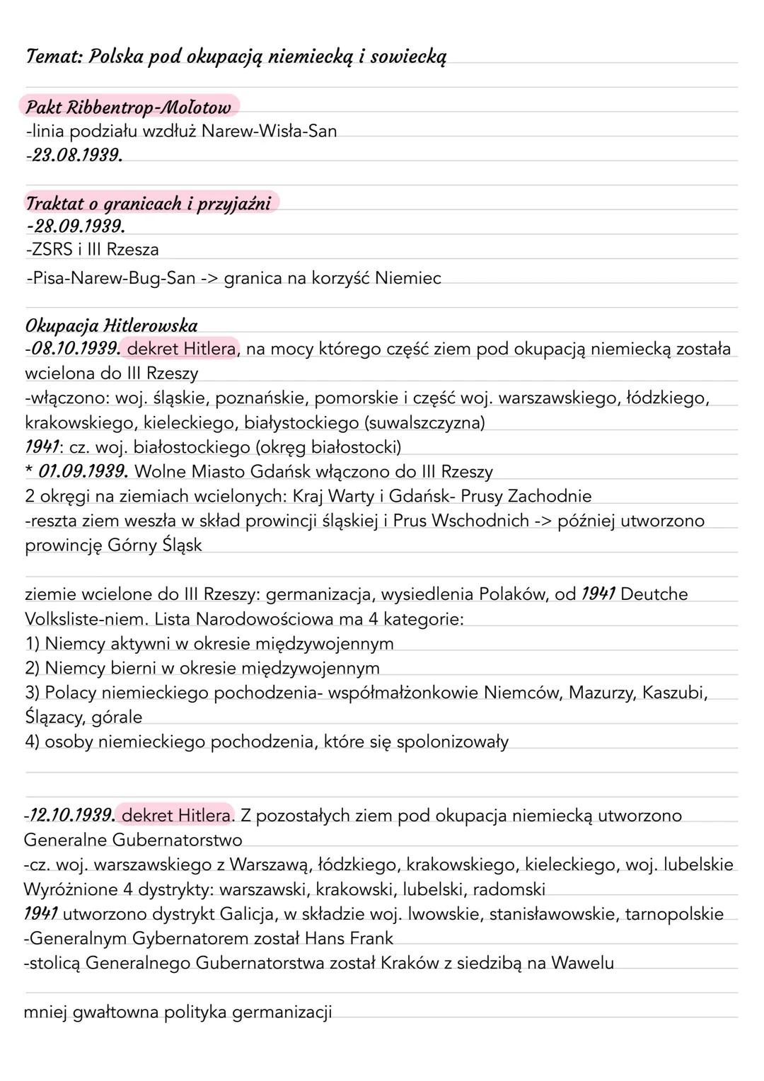 Temat: Polska pod okupacją niemiecką i sowiecką
Pakt Ribbentrop-Molotow
-linia podziału wzdłuż Narew-Wisła-San
-23.08.1939.
Traktat o gran