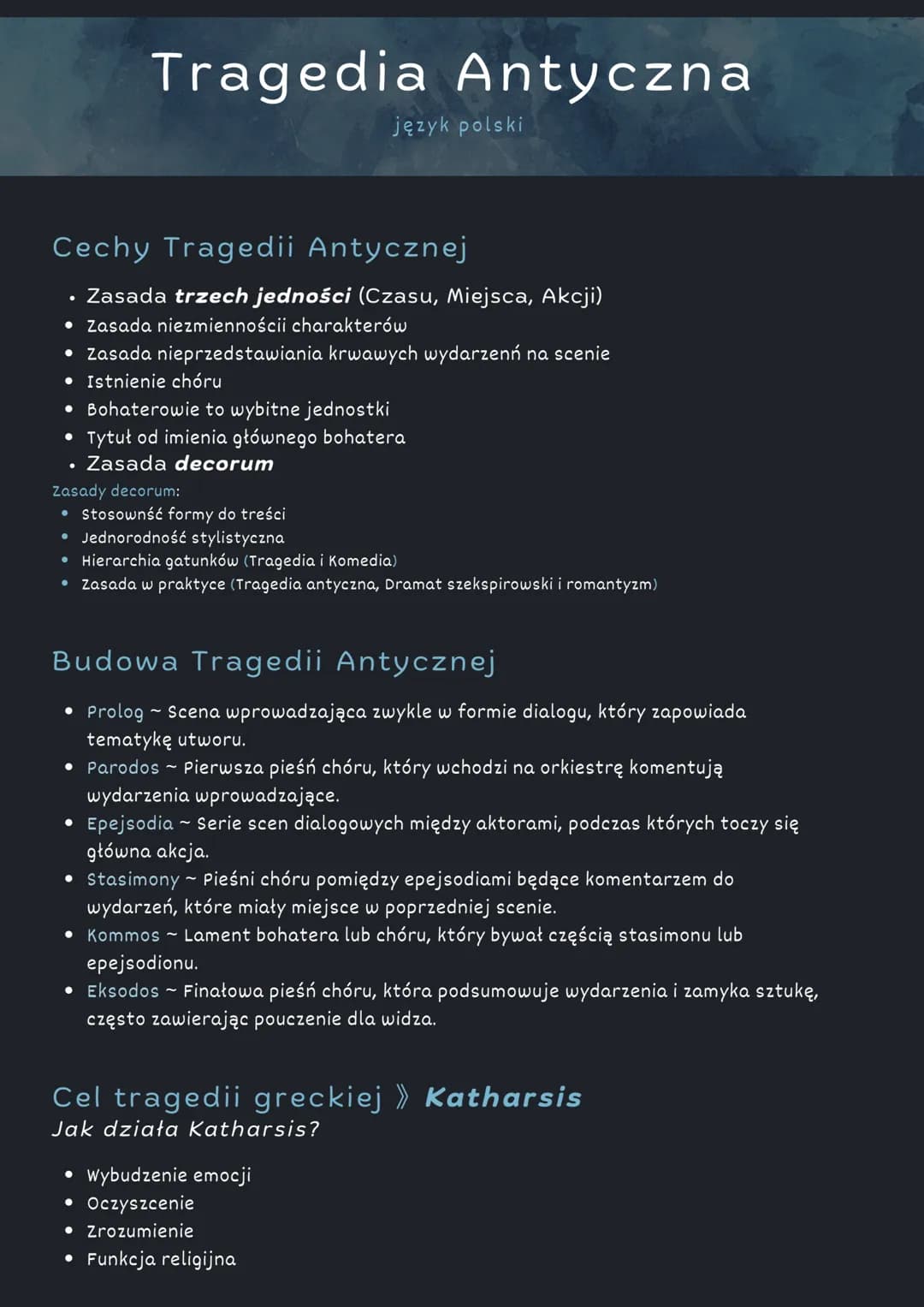 # Tragedia Antyczna
język polski
# Cechy Tragedii Antycznej
- Zasada trzech jedności (Czasu, Miejsca, Akcji)
- Zasada niezmiennościi char