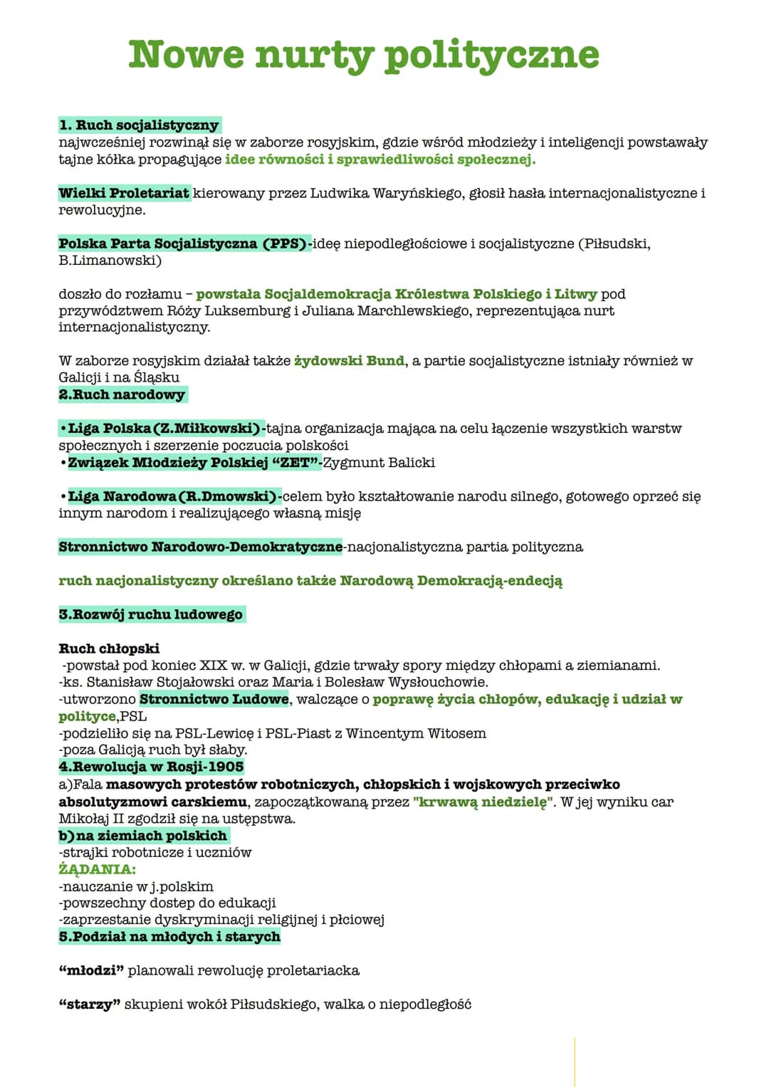 # Nowe nurty polityczne
1. Ruch socjalistyczny
najwcześniej rozwinął się w zaborze rosyjskim, gdzie wśród młodzieży i inteligencji powstawa