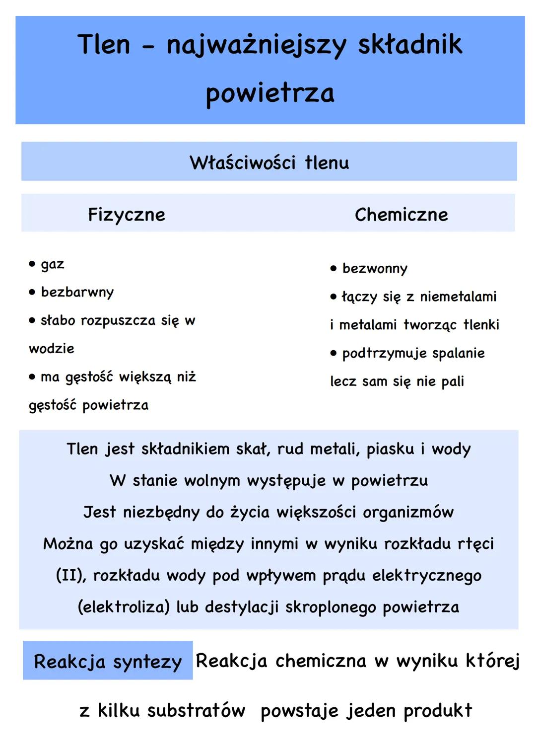 # Tlen - najważniejszy składnik
powietrza
Właściwości tlenu
Fizyczne
Chemiczne
* gaz
* bezbarwny
* słabo rozpuszcza się w
wodzie
*