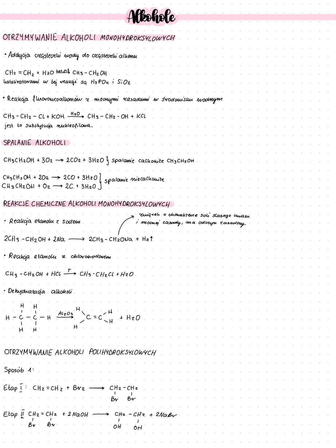 # Alkohole
OTRZYMYWANIE ALKOHOLI MONOHYDROKSYLOWYCH
• Addycja cząsteczki wody do czasteochi allienu
CH2=CH2 + H2O hatipis CH3-CH2OH
katal
