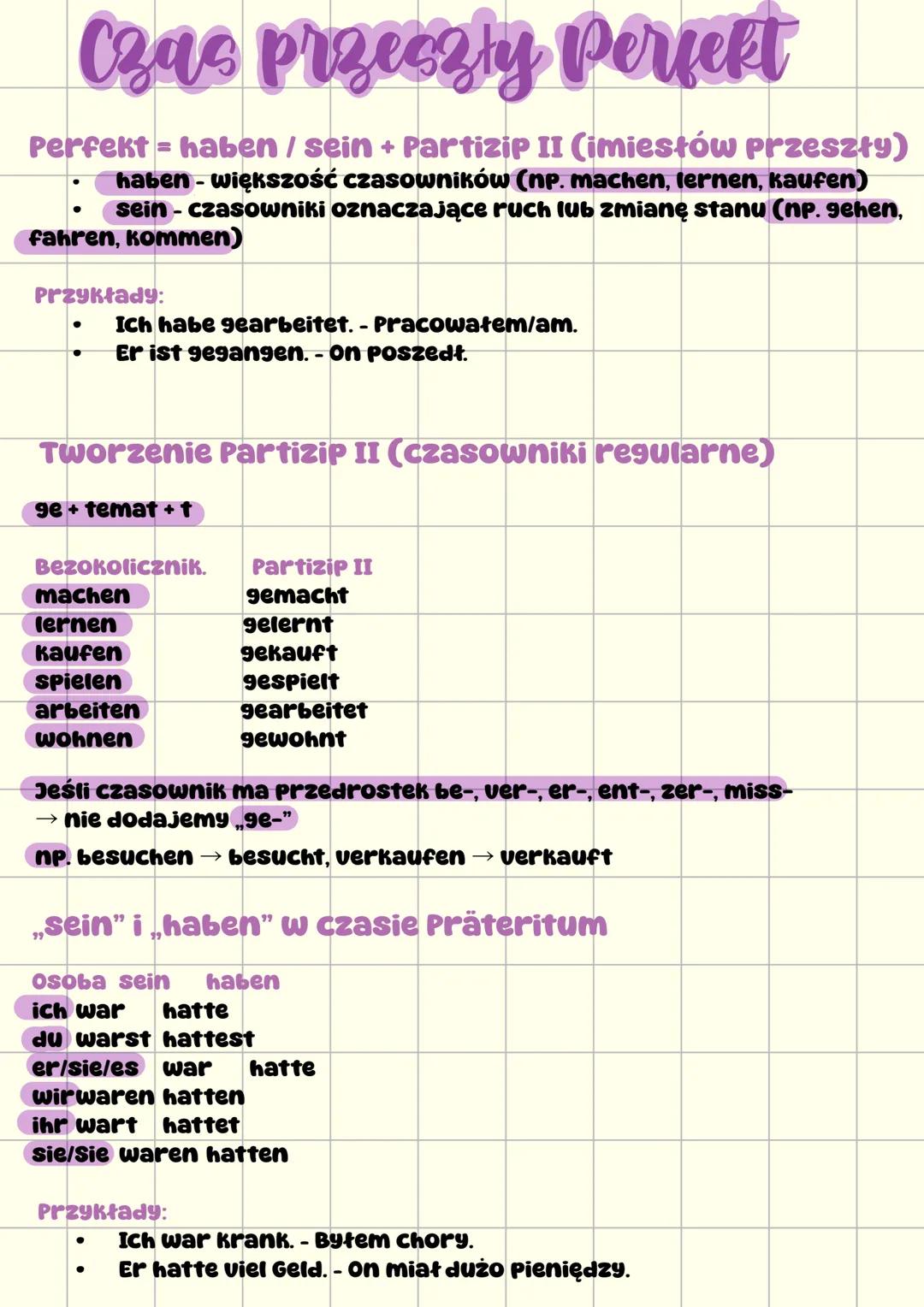 # Czas przeszły Perfekt
Perfekt = haben / sein + Partizip II (imiesłów przeszły)
- haben - większość czasowników (np. machen, lernen, kauf