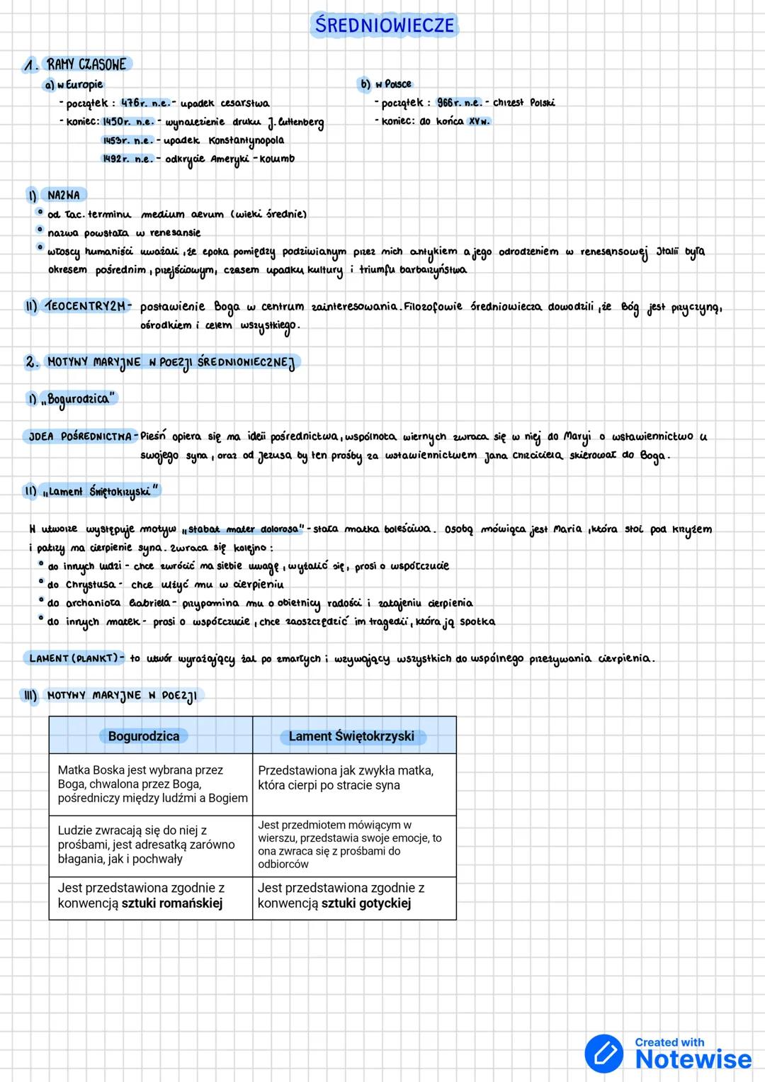 # ŚREDNIOWIECZE
1. RAMY CZASOWE
a) w Europie
-początek: 476r. n.e. upadek cesarstwa
-koniec: 1450r. n.e. wynalezienie druku J.luttenberg