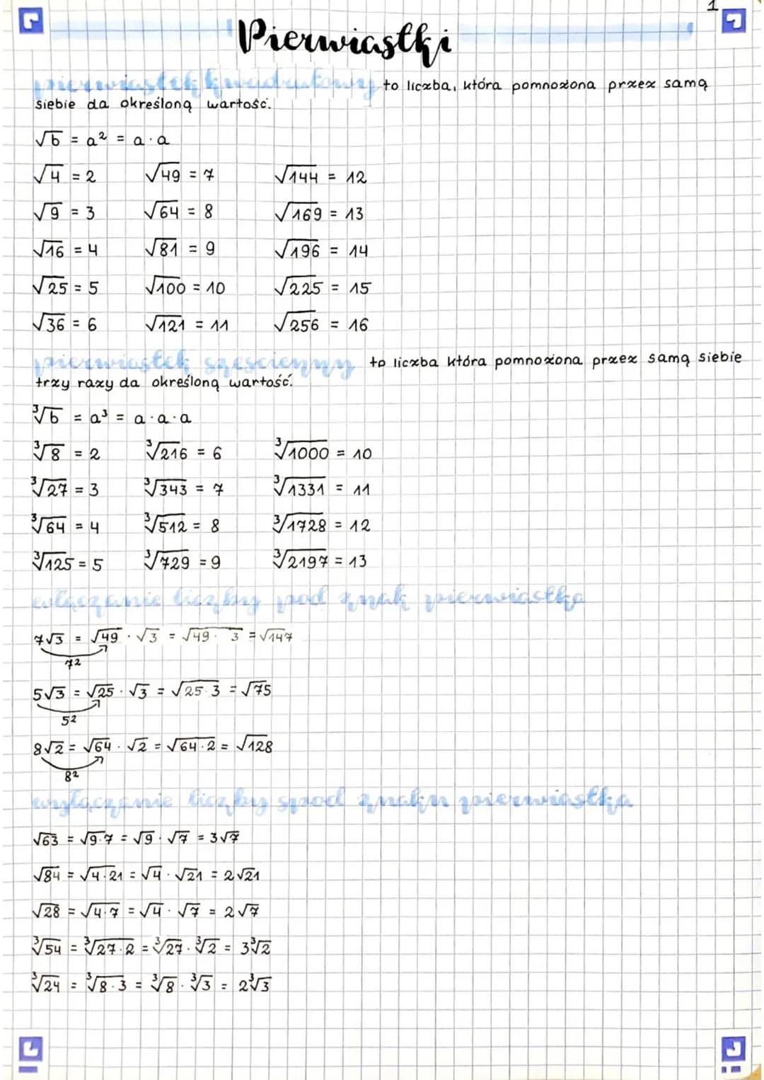# Pierwiastki
Siebie da określoną wartośc.
$\sqrt{b}$ = a² a a
to liczba, która pomnożona przez samą
$\sqrt{4}$=2
49 = 7
$\sqrt{144}$ = 1