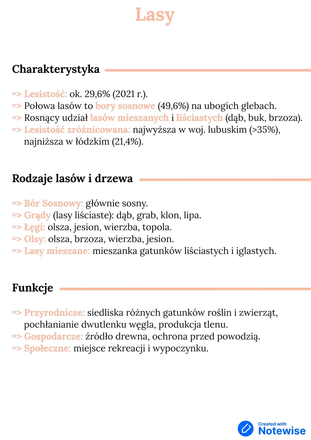 # Lasy
Charakterystyka
=> Lesistość: ok. 29,6% (2021 r.).
=> Połowa lasów to bory sosnowe (49,6%) na ubogich glebach.
=> Rosnący udział la
