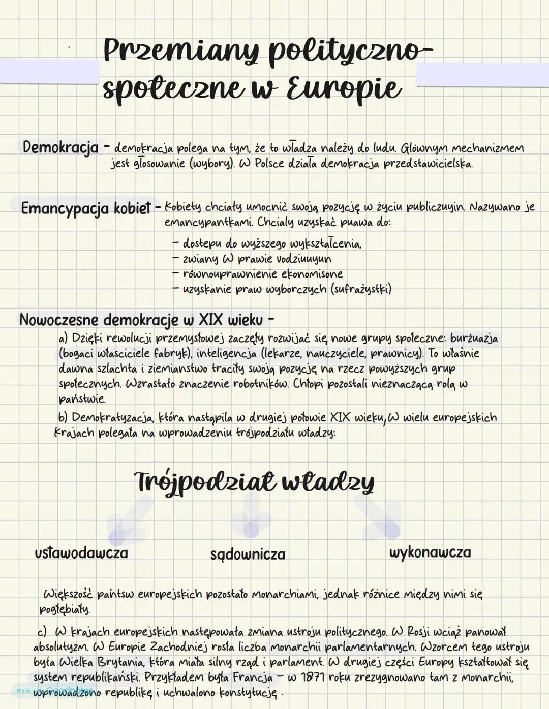# Przemiany polityczno-
społeczne w Europie
Demokracja - demokracja polega na tym, że to władza należy do ludu. Glownym mechanizmem
jest gł