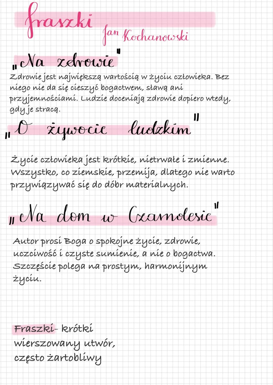 # fraszki Jan Kochanowski
"
Na zdrowie
"
Zdrowie jest największą wartością w życiu człowieka. Bez
niego nie da się cieszyć bogactwem, sła