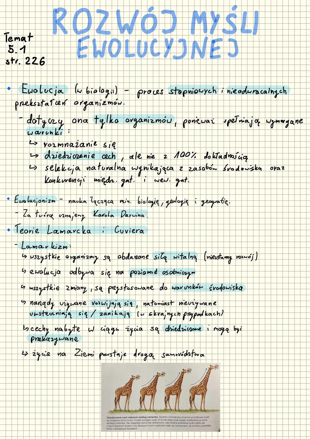 Temat
5.1
str. 226
# ROZWÓJ MYŚLI
# EWOLUCYJNEJ
- Ewolucja (w biologii) - proces stopniowych i nieodwracalnych
prekształceń organizmów.
- do