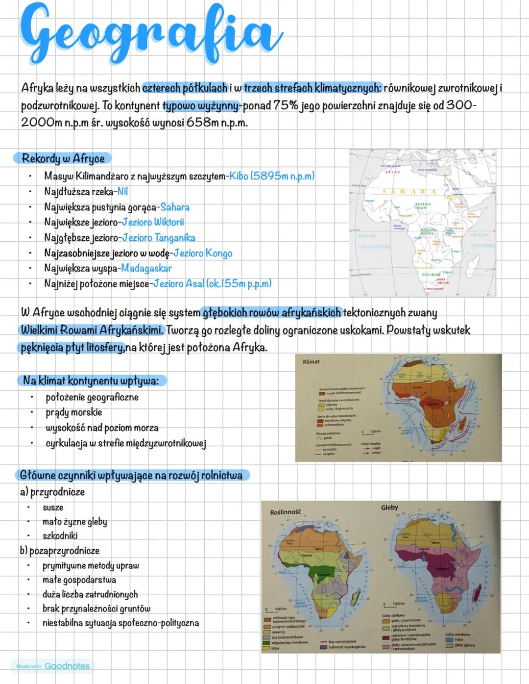# Geografia
Afryka leży na wszystkich czterech pótkulach i w trzech strefach klimatycznych: równikowej zwrotnikowej i
podzwrotnikowej. To k