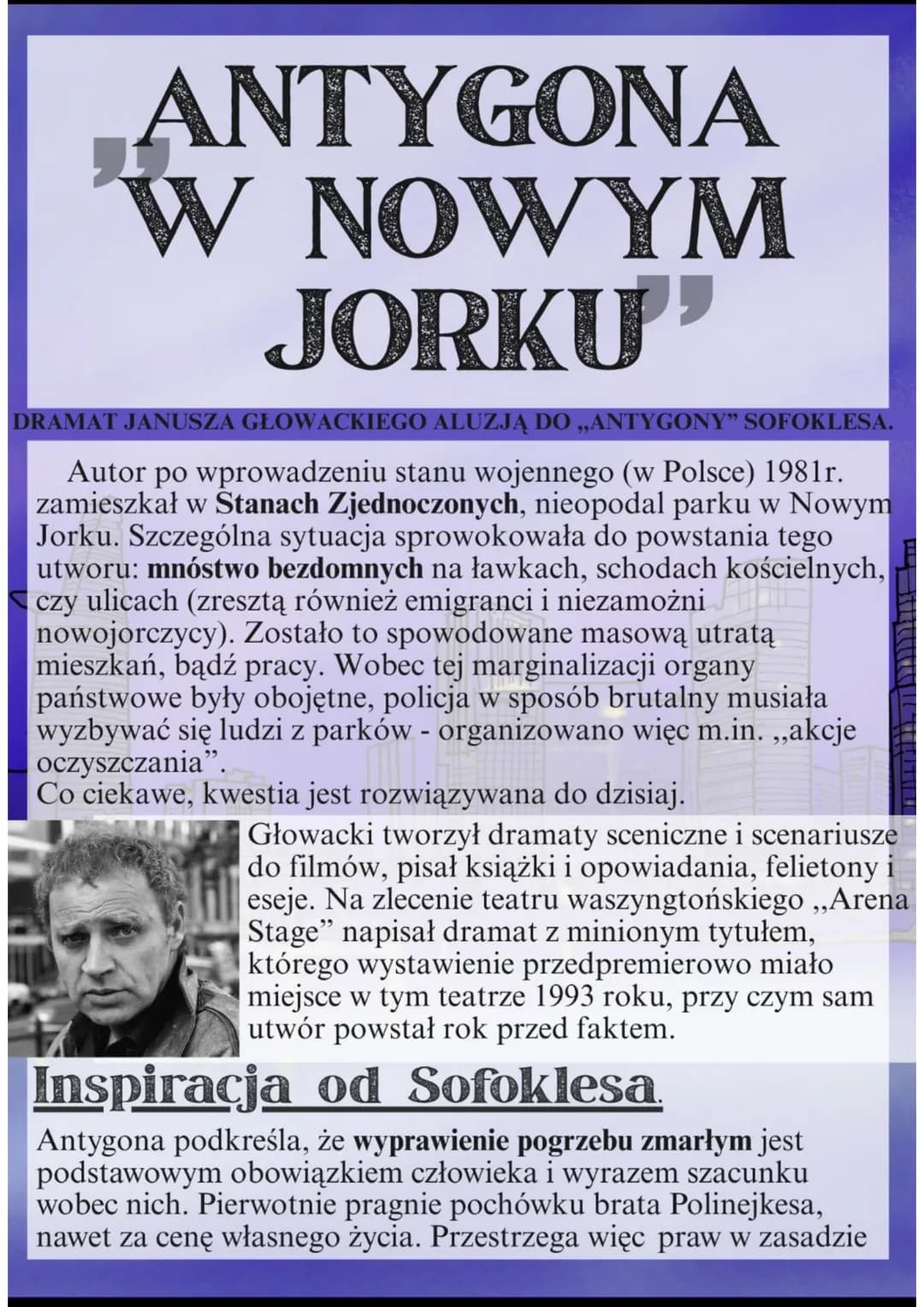 # ANTYGONA
# W NOWYM
# JORKU
DRAMAT JANUSZA GŁOWACKIEGO ALUZJĄ DO „ANTYGONY" SOFOKLESA.
Autor po wprowadzeniu stanu wojennego (w Polsce) 1