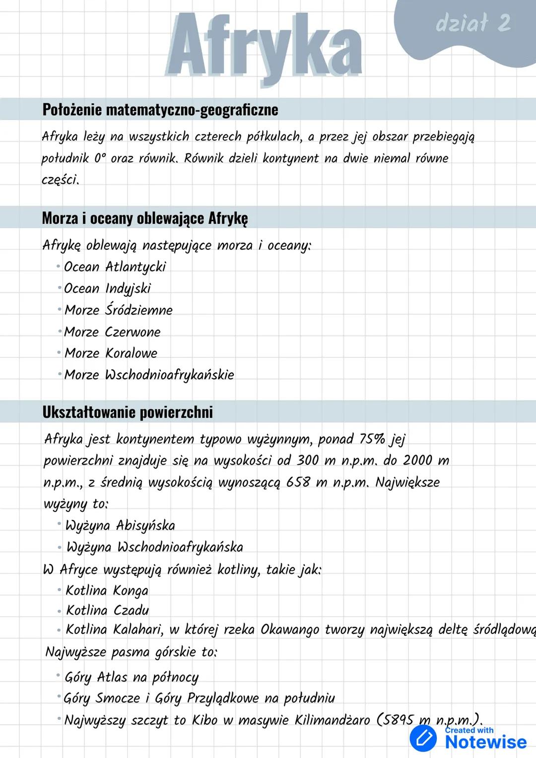 # Afryka
dział 2
Położenie matematyczno-geograficzne
Afryka leży na wszystkich czterech półkulach, a przez jej obszar przebiegają
południ