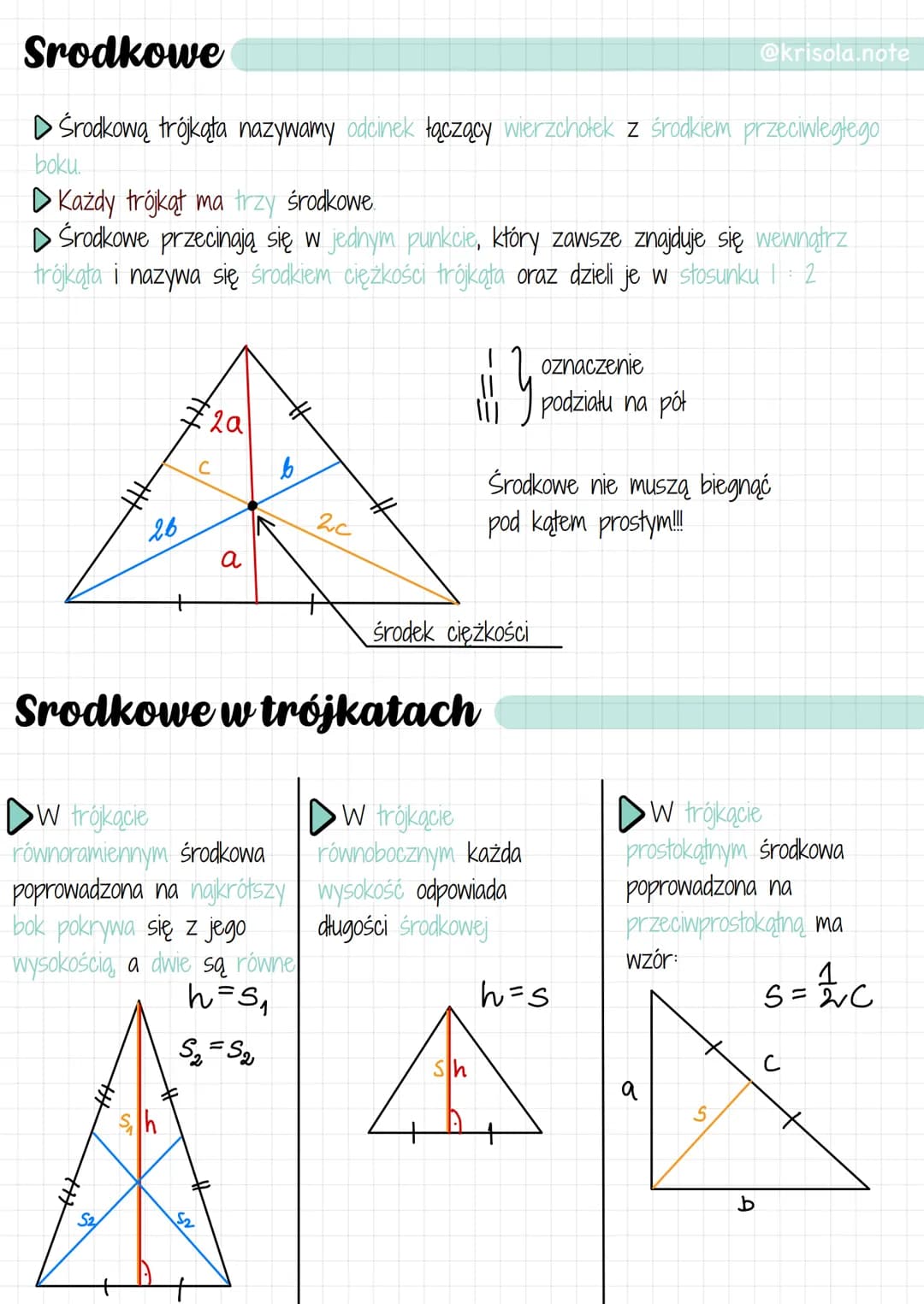 # Srodkowe
@krisola.note
- Środkową trójkąta nazywamy odcinek łączący wierzchołek z środkiem przeciwległego boku.
- Każdy trójkąt ma trzy śr