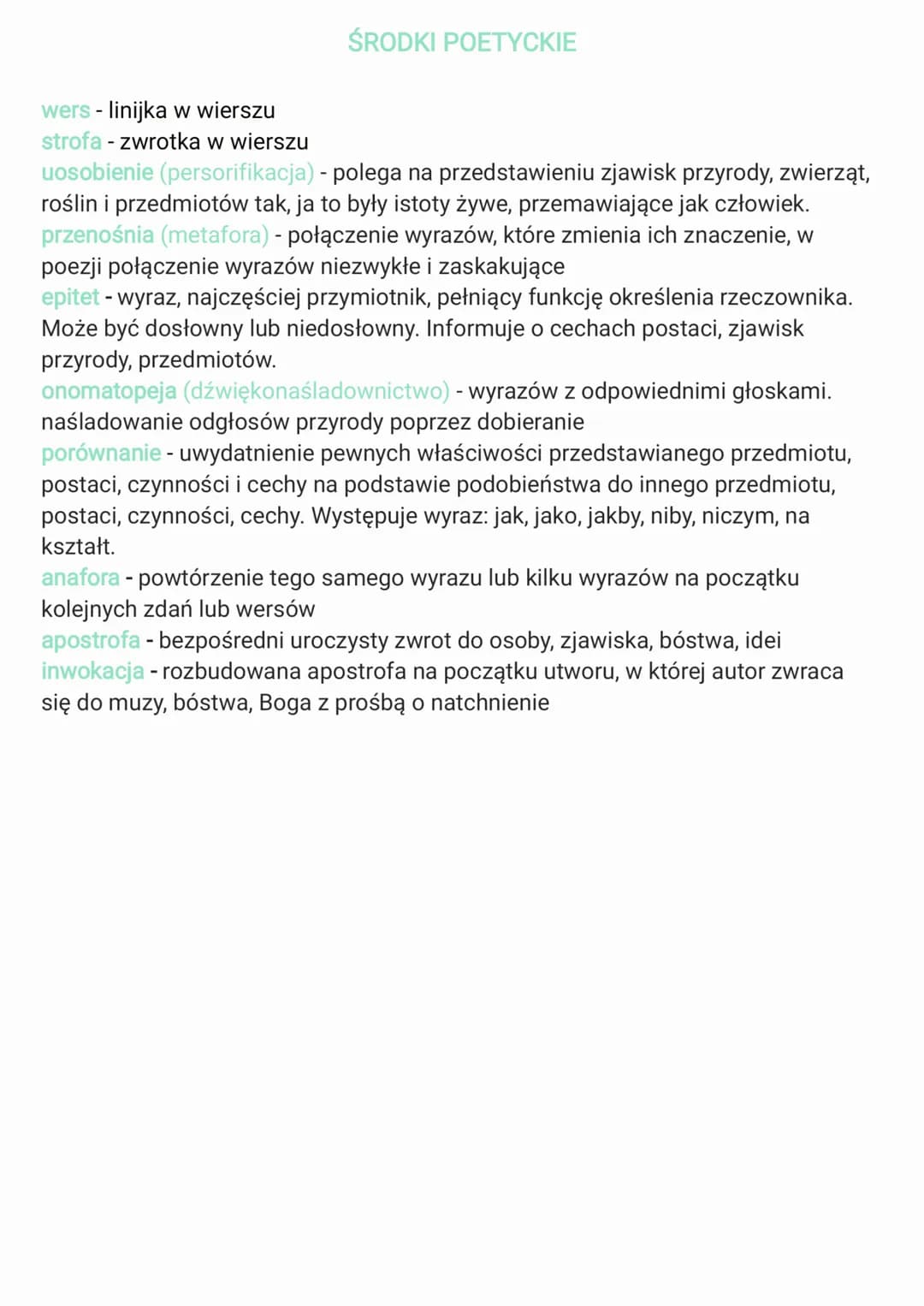 # ŚRODKI POETYCKIE
- **wers** - linijka w wierszu
- **strofa** - zwrotka w wierszu
- **uosobienie** (persorifikacja) - polega na przedstawie
