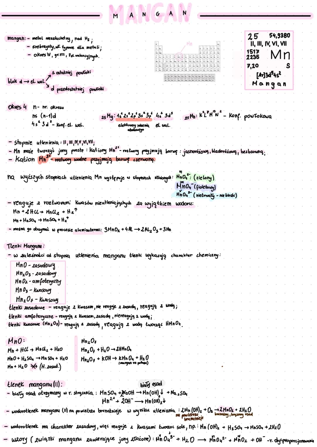 <h2>Manganese and its Oxidation States</h2>
<p>Manganese is a metallic element found above hydrogen, with typical properties for metals. It