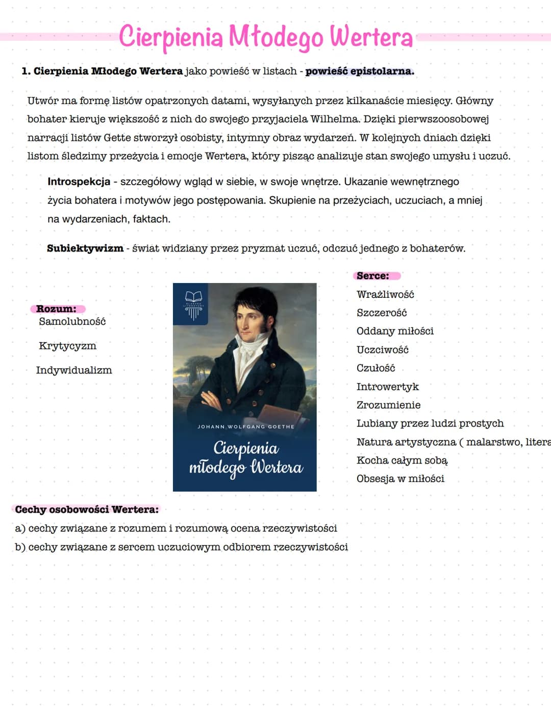 <h2>Cierpienia Młodego Wertera jako powieść w listach - powieść epistolarna</h2>
<p>Utwór ma formę listów opatrzonych datami, wysyłanych pr