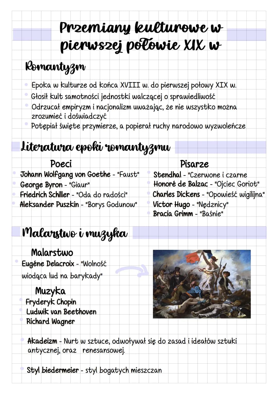 # Przemiany kulturowe w
# pierwszej połowie XIX w
## Romantyzm
- Epoka w kulturze od końca XVIII w. do pierwszej połowy XIX w.
- Głosił kul