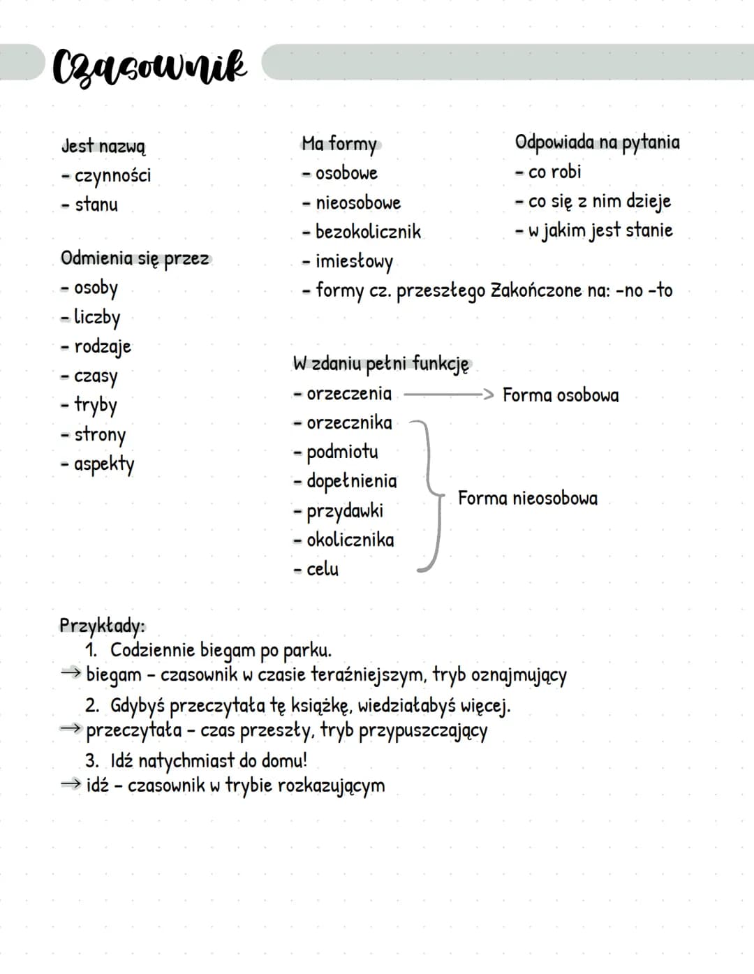 # Czasownik
## Jest nazwą
- czynności
- stanu
## Odmienia się przez
- osoby
- Liczby
- rodzaje
- czasy
- tryby
- strony
- aspekty
## Ma f