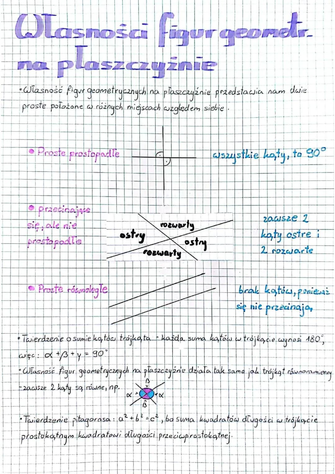 # Własności figur geometr. na płaszczyźnie
* Własność figur geometrycznych na płaszczyźnie przedstawia nam dwie proste położone w różnych