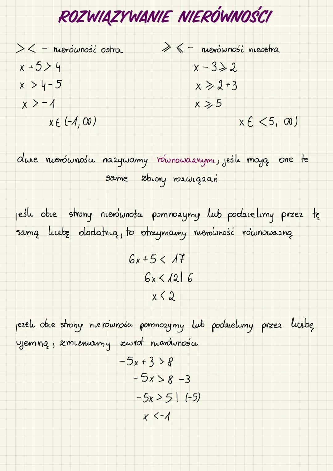 # ROZWIĄZYWANIE NIERÓWNOŚCI
* $><$ - nierówność ostra
* $x+5>4$
* $x > 4-5$
* $x>-1$
* $x \in (-1, \infty)$
* $