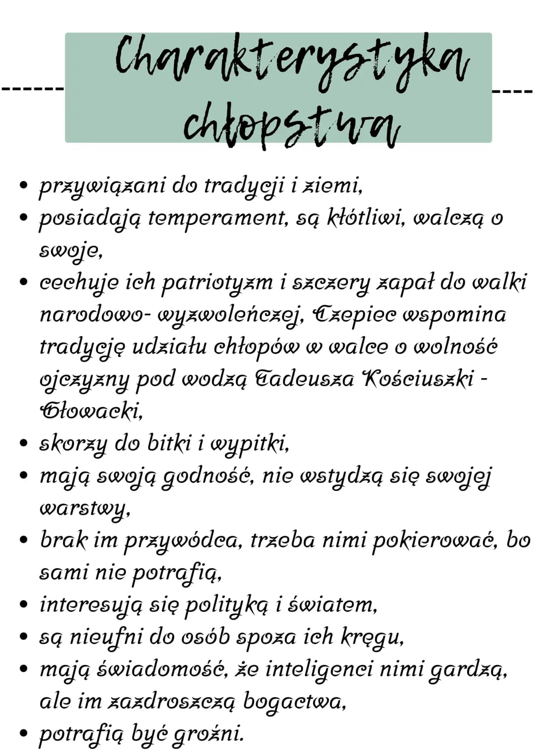 # Temat: Inteligencja a chłopstwo- porównanie.
## 1. Charakterystyka chłopstwa:
- przywiązani do tradycji i ziemi,
- posiadają temperament,