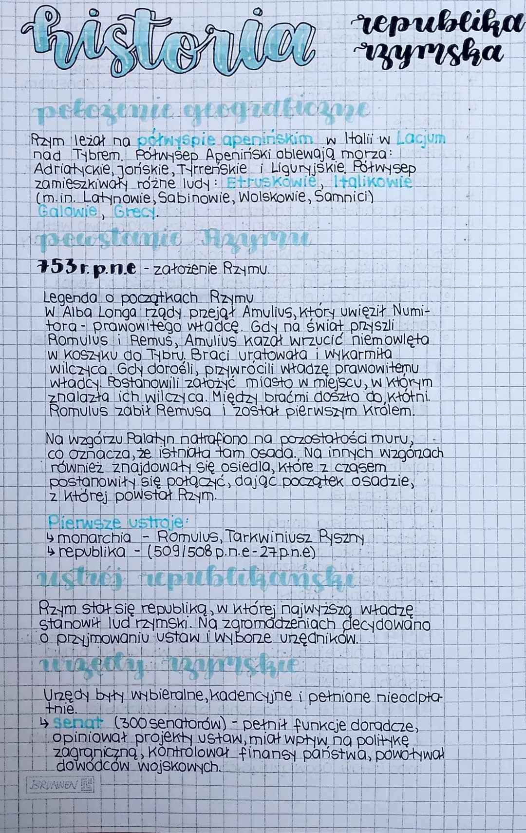 # historia
## republika
## rzymsha
### położenie geograficzne
Rzym leżał na półwyspie apeninskim w Halii w Lacjum
nad Tybrem. Półwysep Apeni