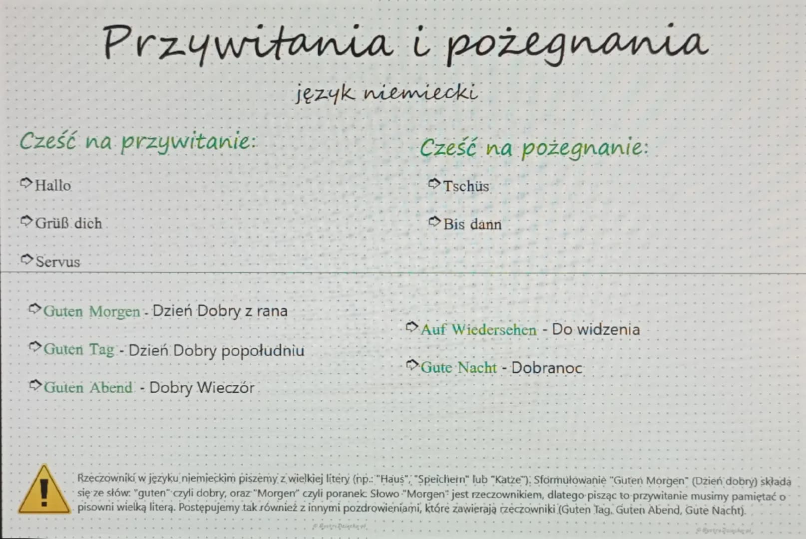 # Przywitania i pożegnania
## język niemiecki
### Cześć na przywitanie:
- Hallo
- Grüß dich
- Servus
### Cześć na pożegnanie:
- Tschüs
- Bis