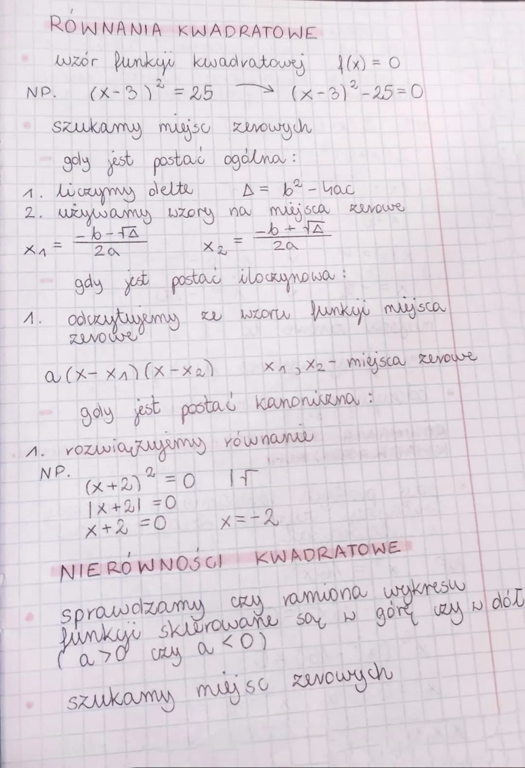 - w postaci ogólnej i iloczynowej, tak samo jak z równościami kwadratowymi
- w postaci kanonicznej miejsca zerowe szukamy poprzez podstawien