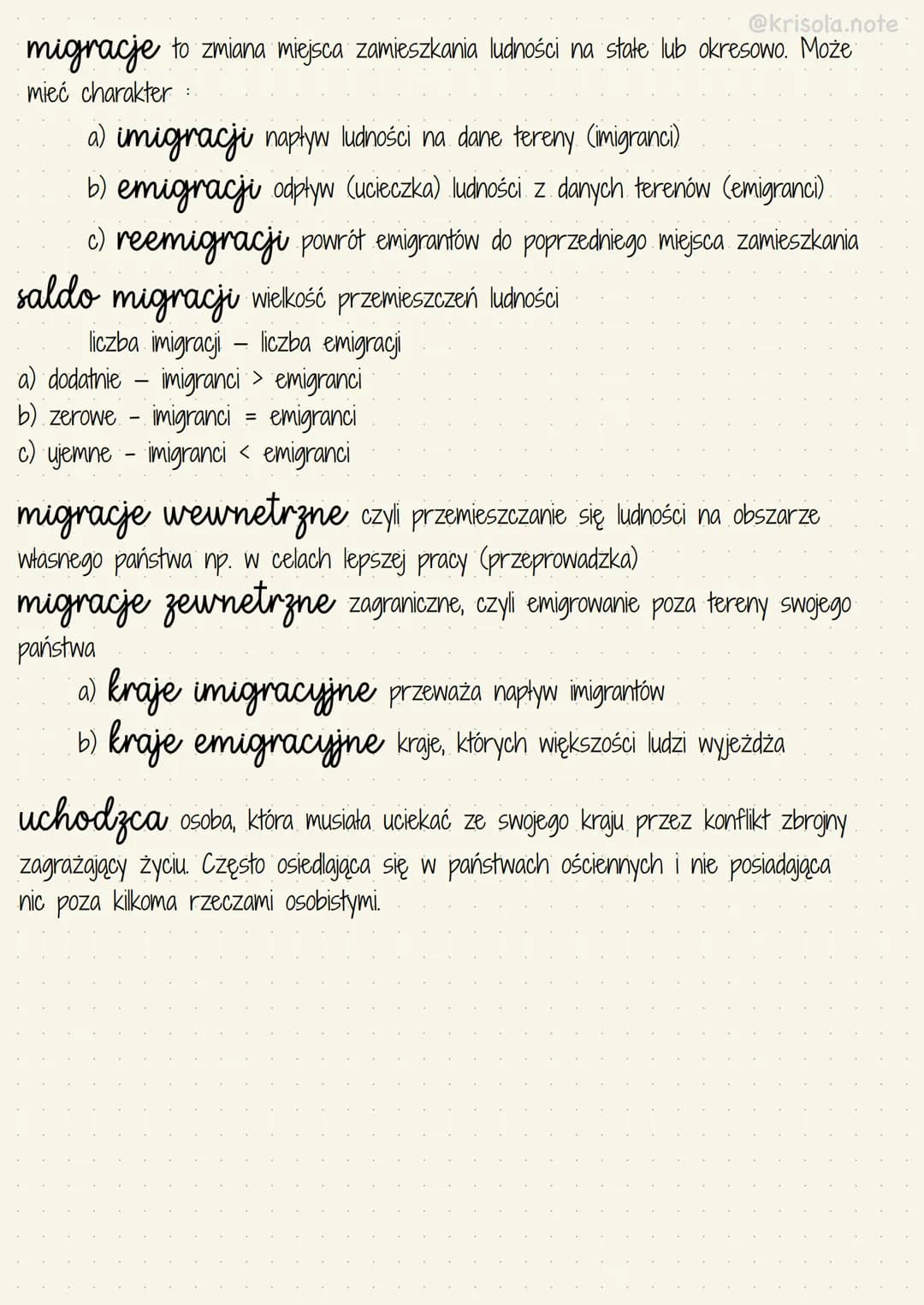 <h2>Migracje</h2>
<p>Migracje to zmiana miejsca zamieszkania ludności na stałe lub okresowo. Może mieć charakter:</p>
<h3>Imigracja, emigrac