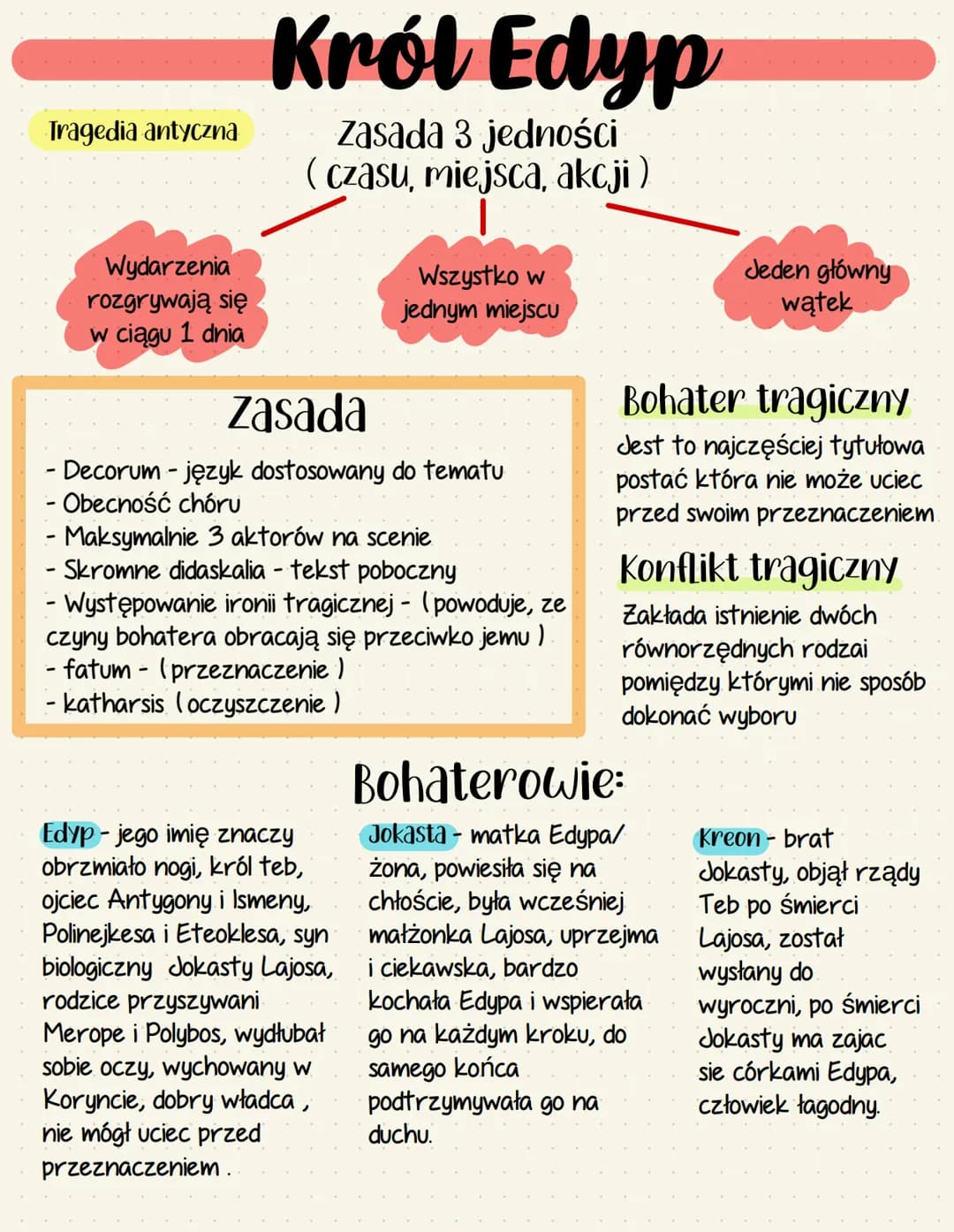 # Król Edyp
## Tragedia antyczna
### Zasada 3 jedności (czasu, miejsca, akcji)
* Wydarzenia rozgrywają się w ciągu 1 dnia
* Wszystko