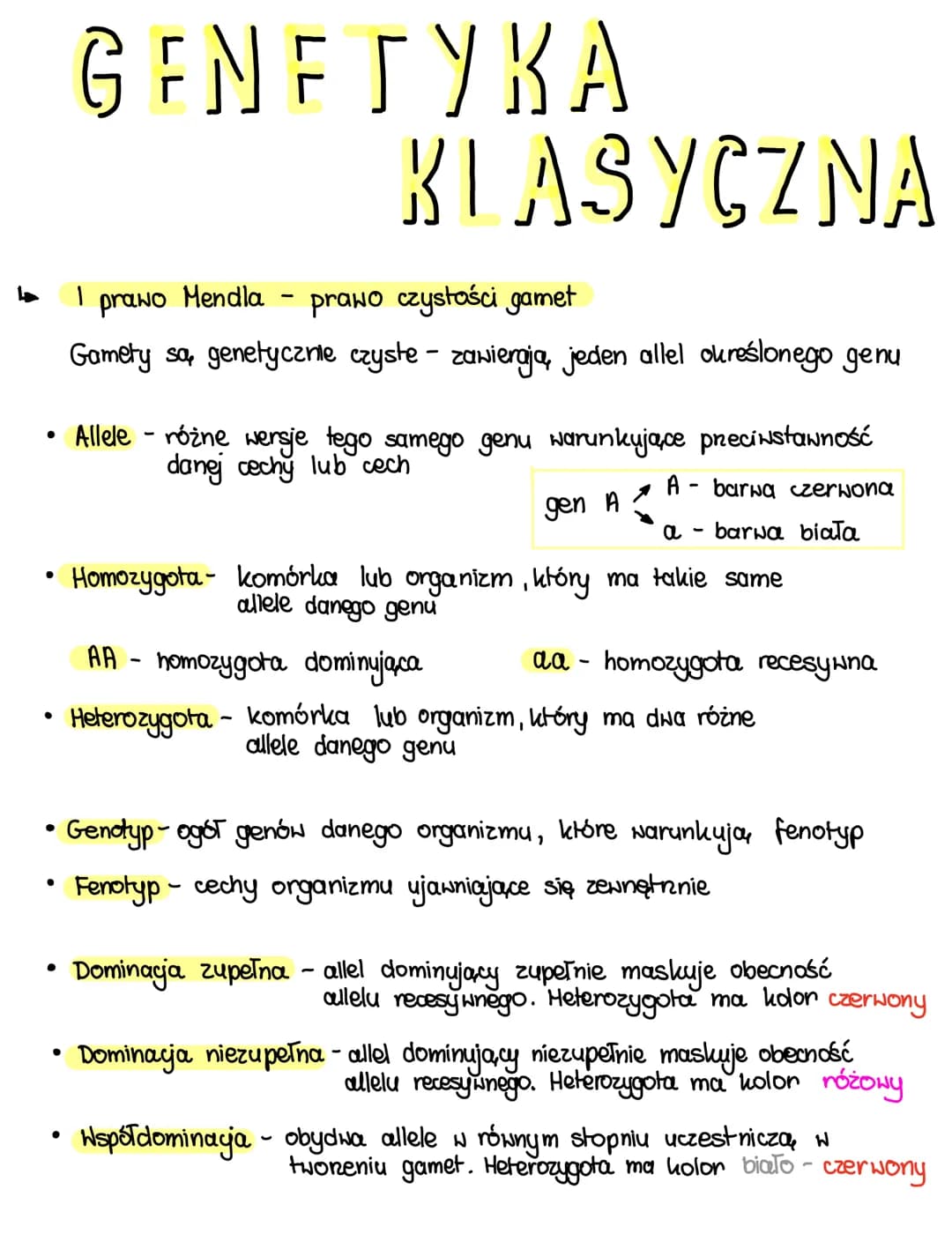# GENEГУКА KLASYCZNA
## I prawo Mendla - prawo czystości gamet
Gameły są genetycznie czyste zawierają, jeden allel określonego genu
* A