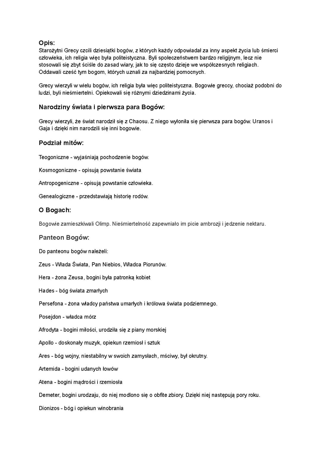 Opis mitów, bogowie greccy