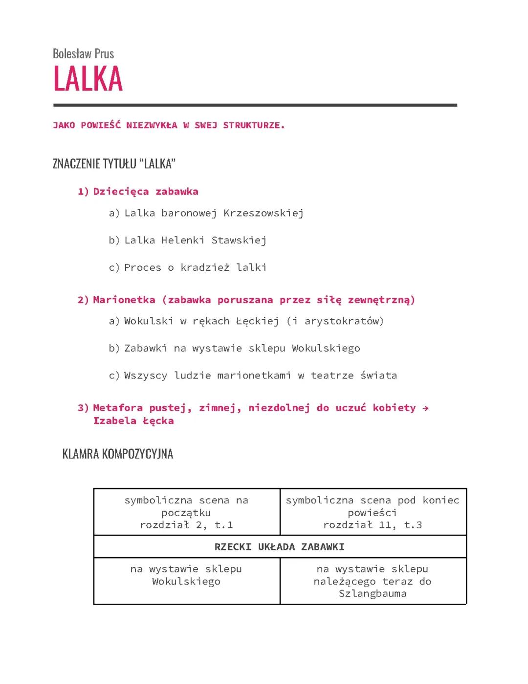 Lalka - Bolesław Prus - znaczenie tytułu, klamra kompozycyjna